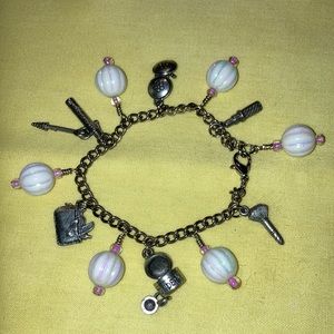 Silvertone charm Bracelet w/6 charms & 6 wh. Ribbed ball beads, see pics $16